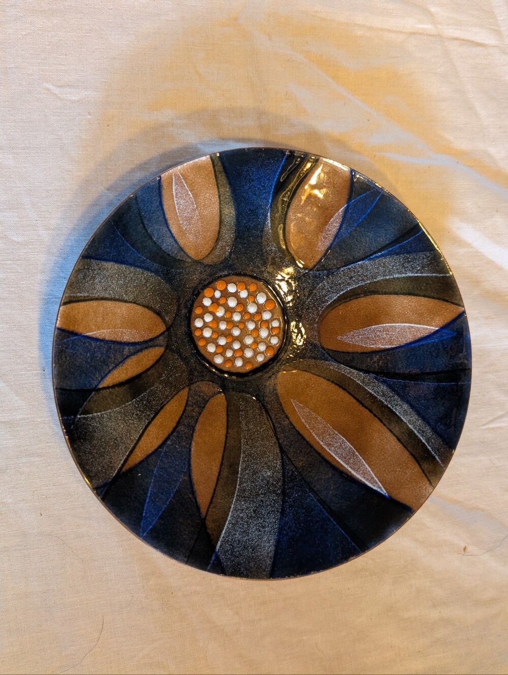 2/80$ Vintage Blue and Brown flower enamel on copper Decorative trinket Plate